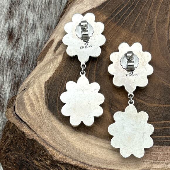 FEDERICO JIMENEZ Sterling Silver Natural Turquoise Onyx Cluster Dangle Earrings - Picture 2 of 3